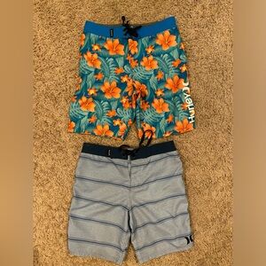 Boys Hurley swimsuits/board shorts size 10, tie waists. Hawaiian & blue stripes